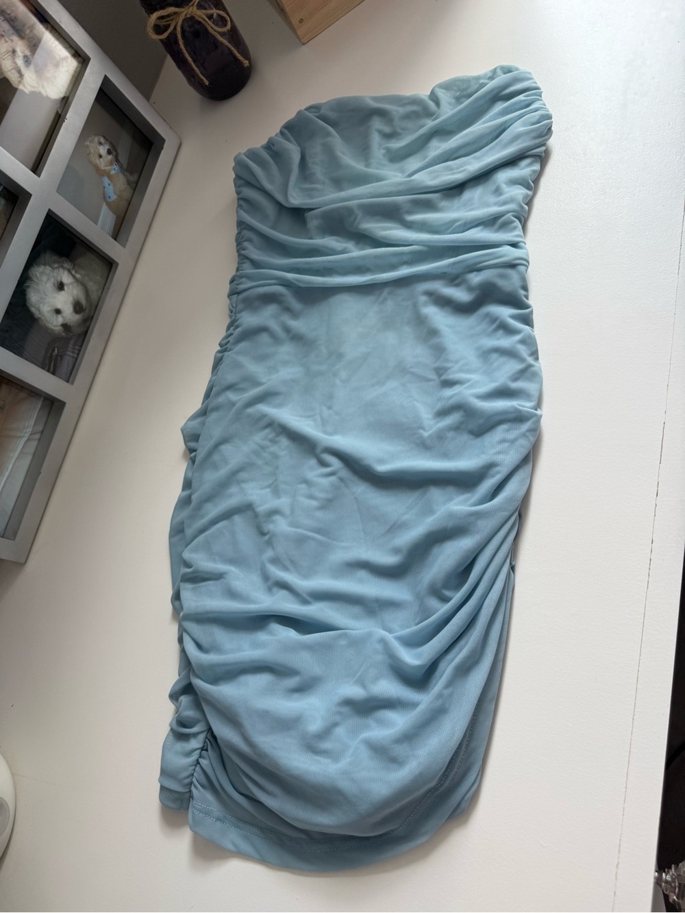 Ruched Strapless Mini Dress in Light Blue